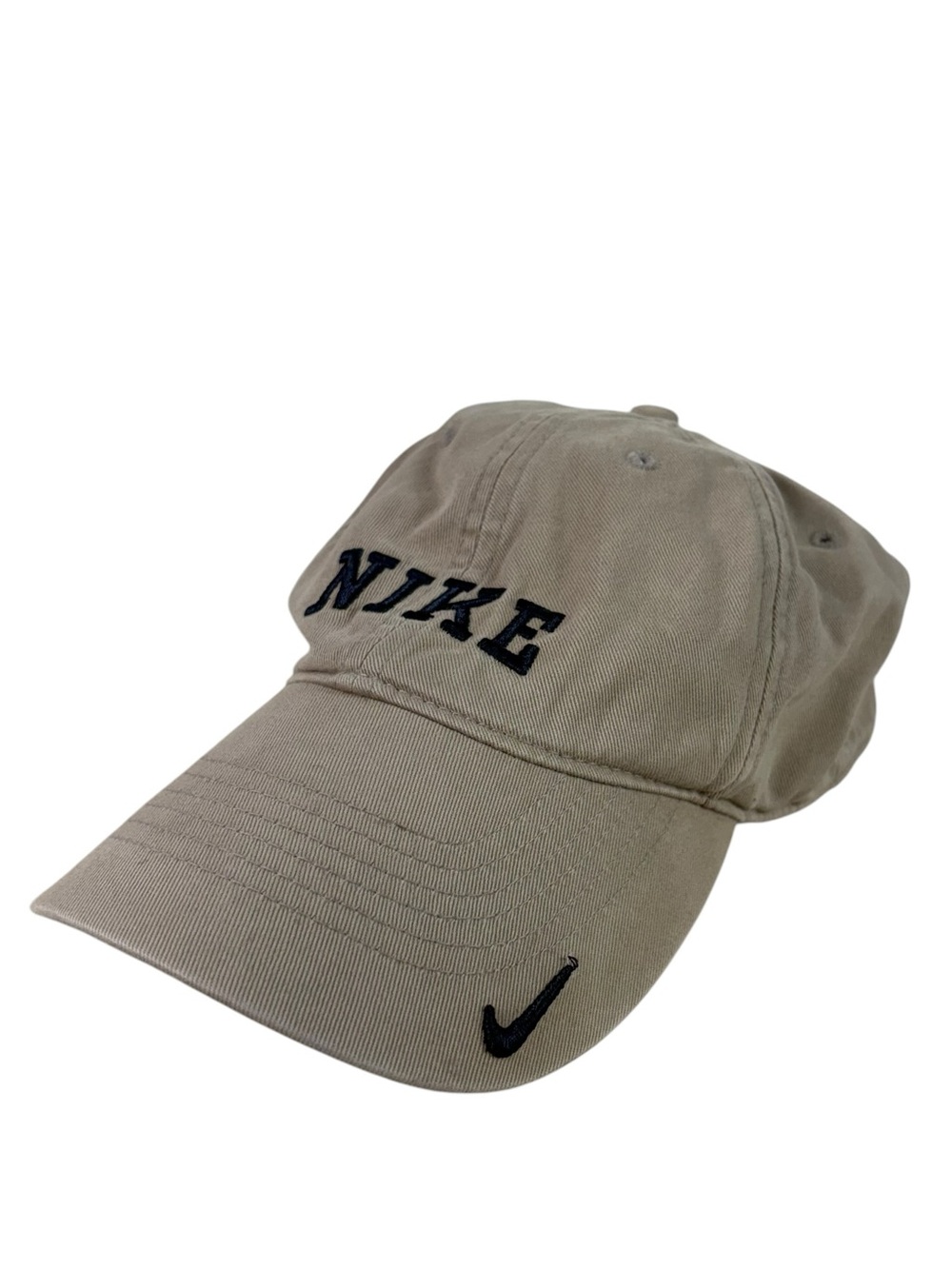 Nike Vintage Y2K Beige Tan Navy Blue Embroidered Logo Baseball Cap Hat Sporty